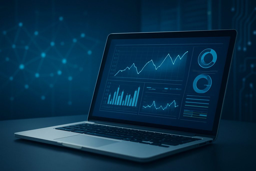 a laptop displaying data analytics and graphs on a dark blue background