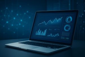 a laptop displaying data analytics and graphs on a dark blue background