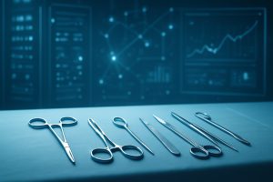 Surgical instruments laid out on a table against a blurred background of technical graphs and data.
