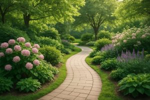 A winding path through a lush garden with blooming flowers and greenery