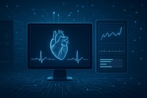 Digital illustration of a heart on a computer screen with heartbeat data and graphs in a high-tech setting
