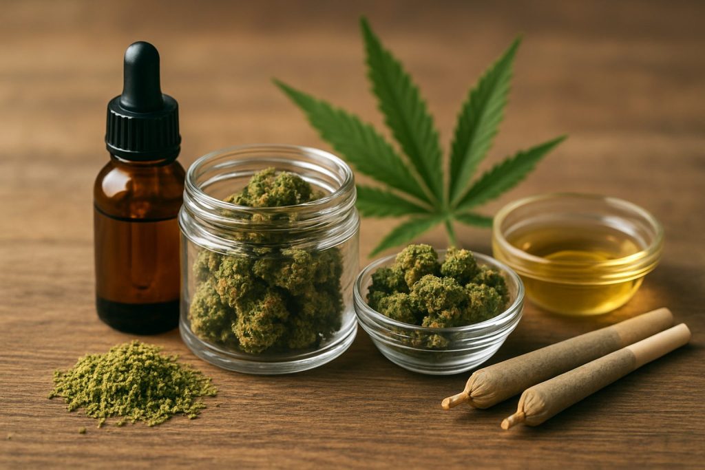 A variety of cannabis products displayed on a wooden surface, including a dropper bottle, jars of buds, and pre-rolled j