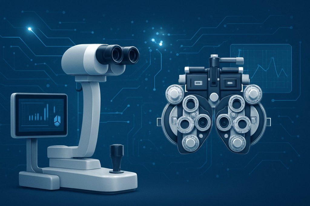 Illustration of ophthalmic equipment including a phoropter and digital display against a tech-inspired background