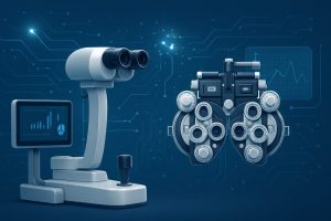 Illustration of ophthalmic equipment including a phoropter and digital display against a tech-inspired background