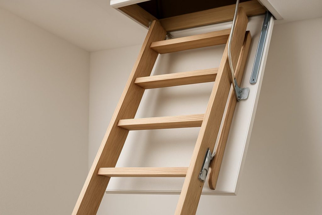 A close-up view of a premium wooden loft ladder extending from a ceiling hatch in a minimalist interior setting.