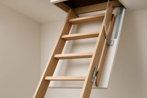 A close-up view of a premium wooden loft ladder extending from a ceiling hatch in a minimalist interior setting.